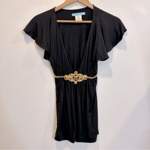 Marciano Flutter Sleeve Deep V-Neck Tee Shirt with Statement Belt Gold